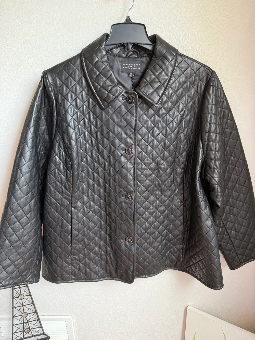 Investments Platinum Suiting Quilted Genuine Lamb Leather Point Collar Jacket - Picture 5 of 14